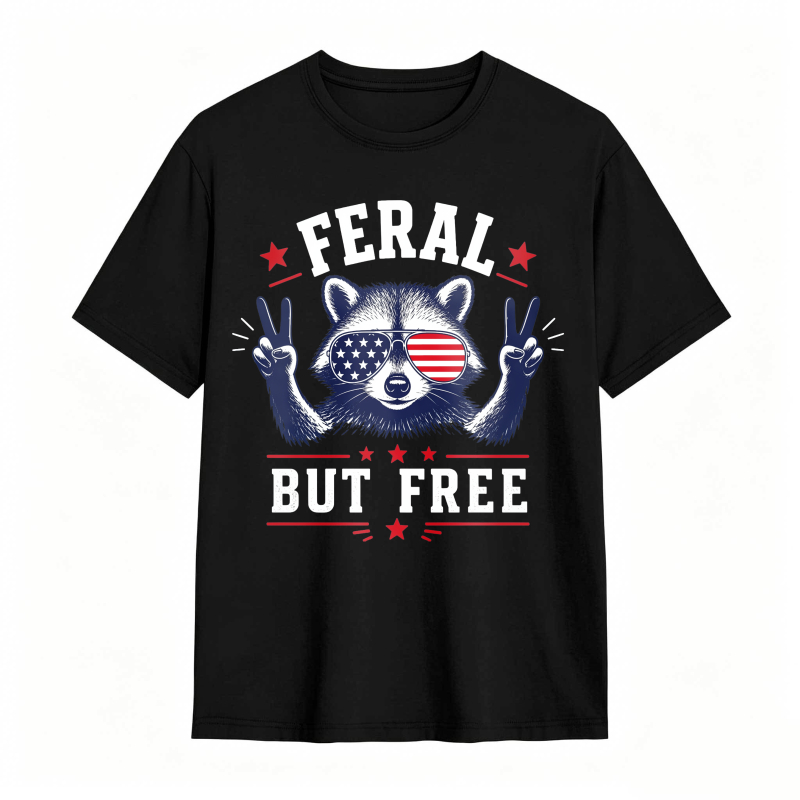 Feral But Free Raccoon American Flag 100% Cotton Graphic T-shirt