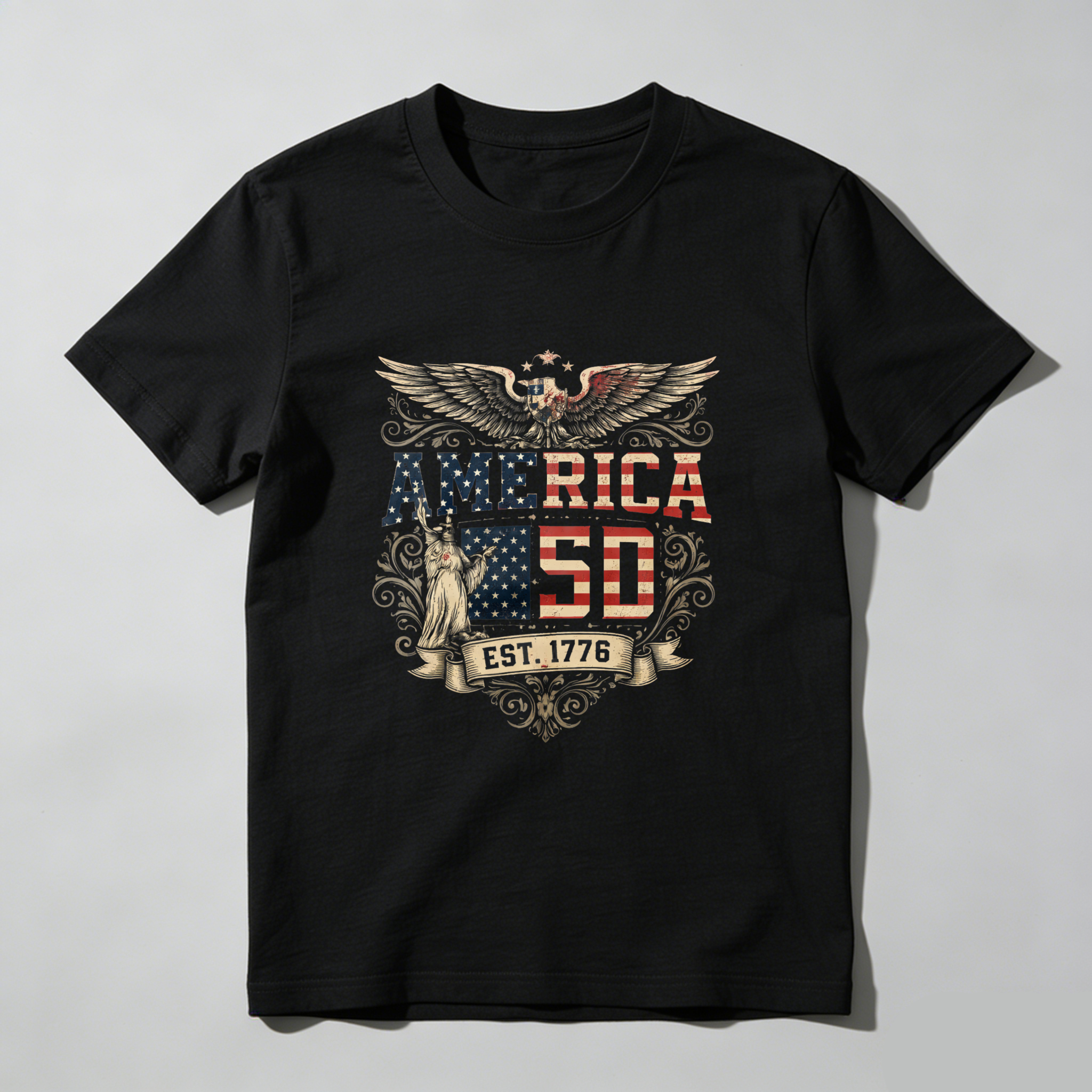 America 50 Years Independence Day Patriotic T Shirt With Statue Of Liberty And Eagle Design Est 1776 American Flag Theme Black Men Women Tee