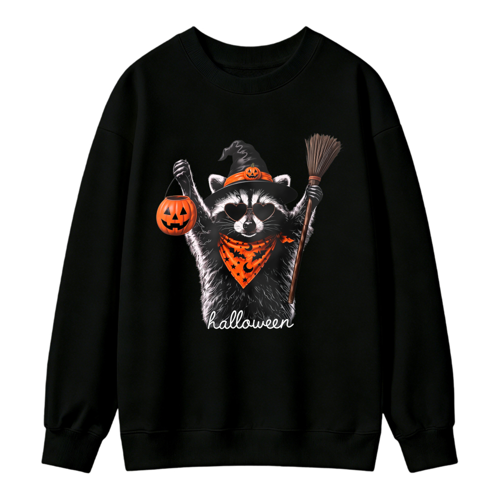Halloween Raccoon Witch Hat Pumpkin Lantern Broom Graphic Sweatshirt