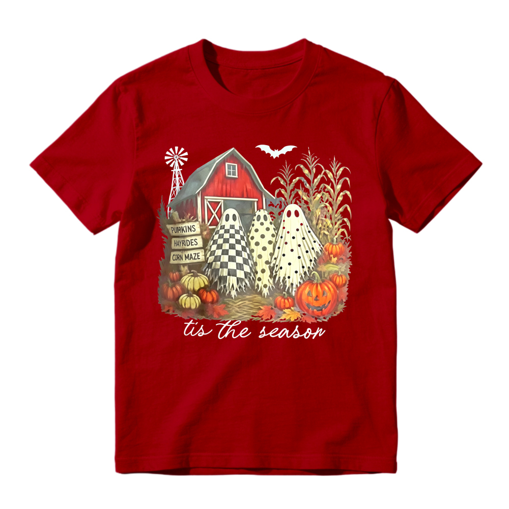 Halloween Farm Scene With Ghosts Pumpkins And Red Barn Tis The Season Unisex Classic T-shirt