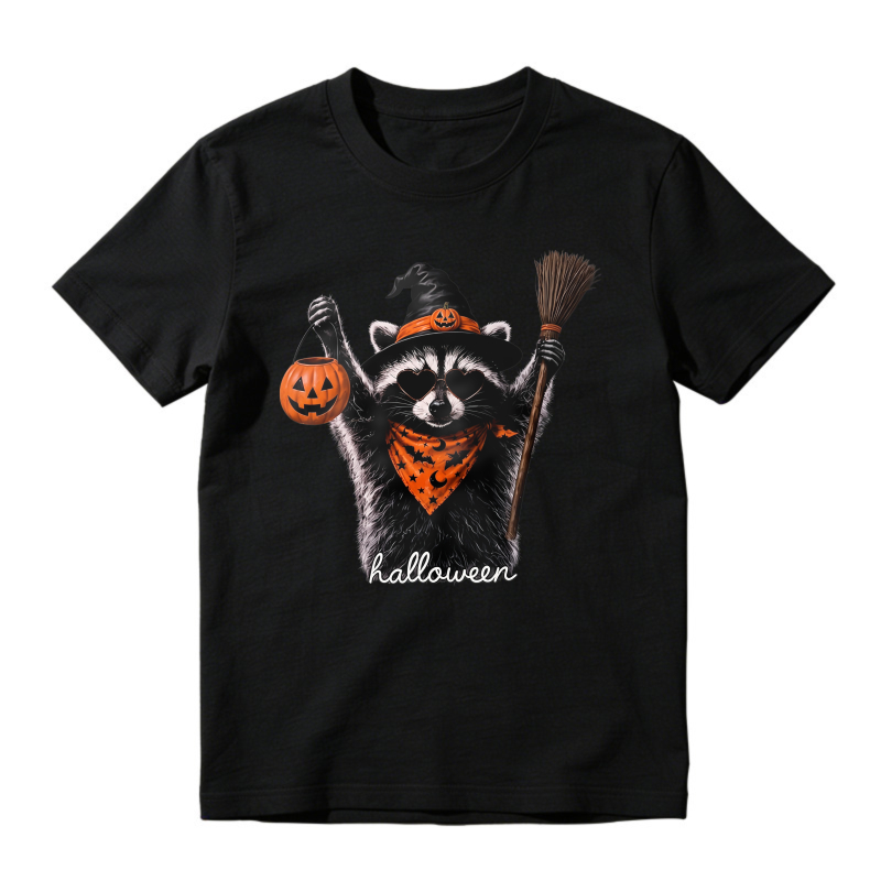 Cute Raccoon In Witch Hat Holding Pumpkin Lantern And Broom Halloween Unisex Classic T-shirt