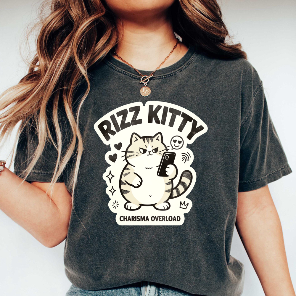 Rizz Kitty Charisma Overload Cartoon Cat Graphic Washed T-shirt