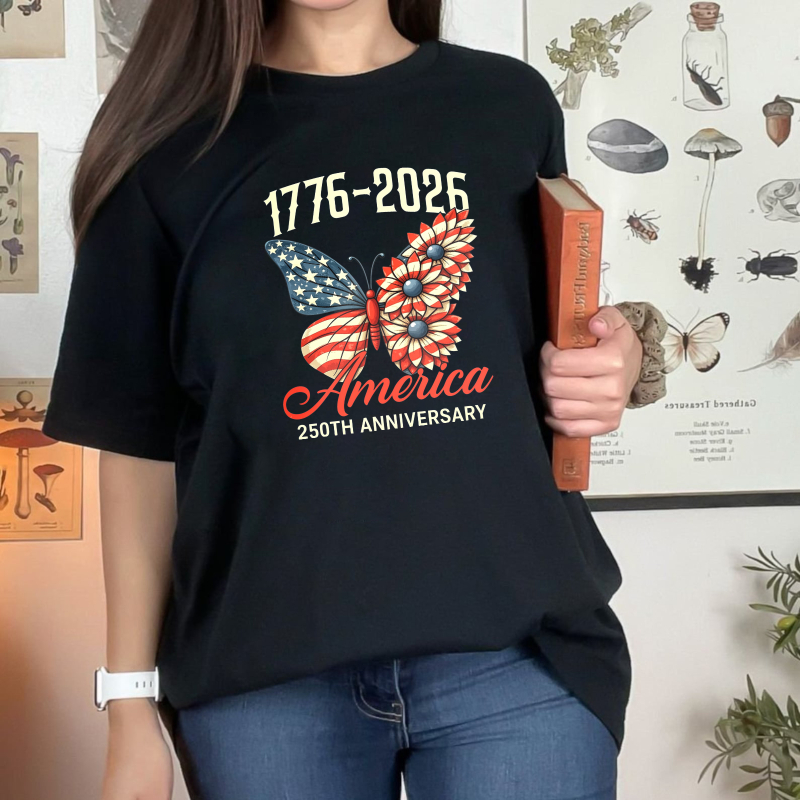 Butterfly With American Flag And Flowers 1776 2026 America 250th Anniversary  Classic T-shirt