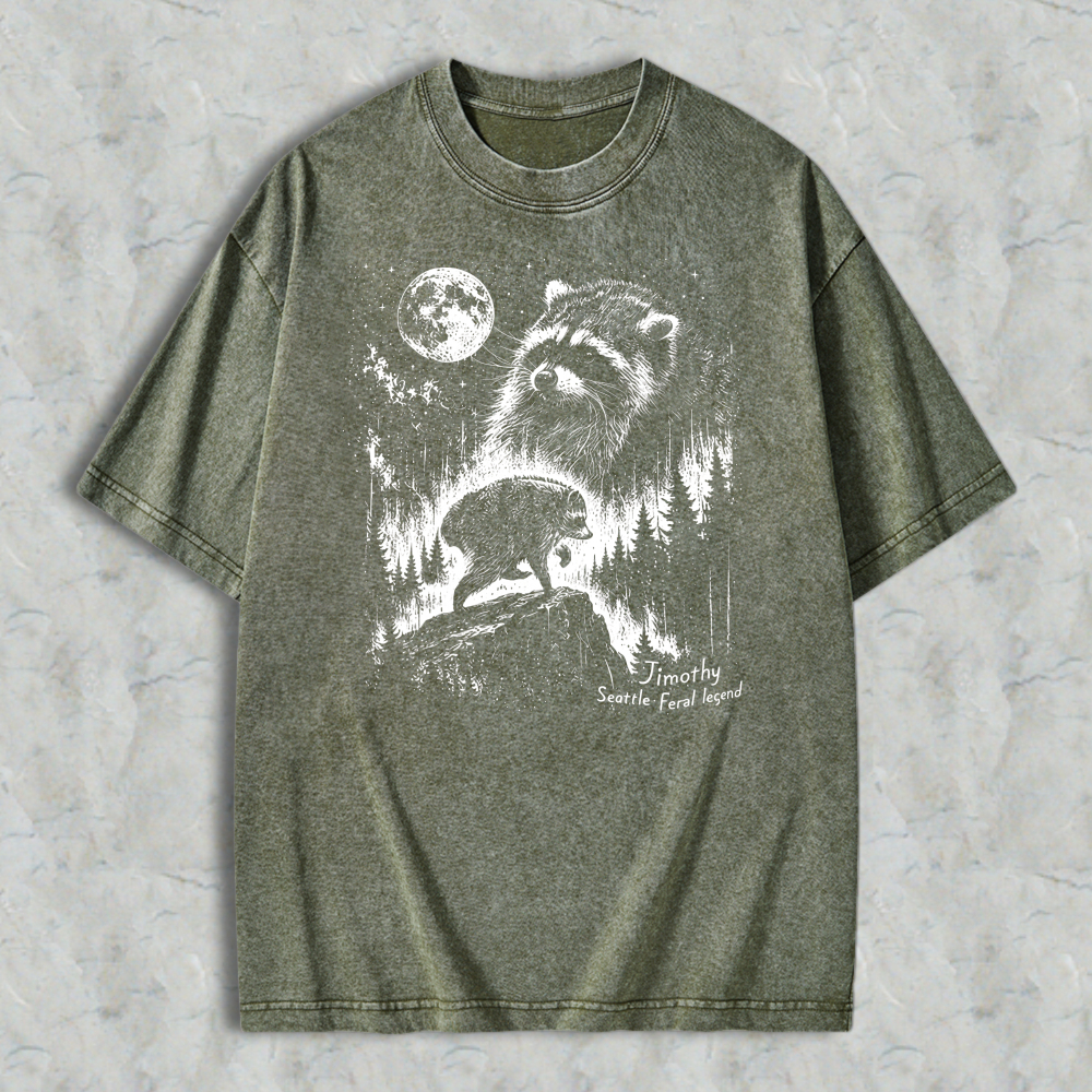 Raccoon Under Moonlight Forest Scene Washed T-shirt