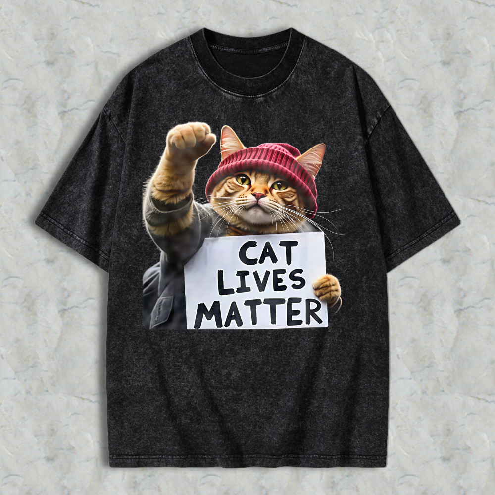 Cat Lives Matter Protest Cat With Sign And Raised Fist Washed T-shirt