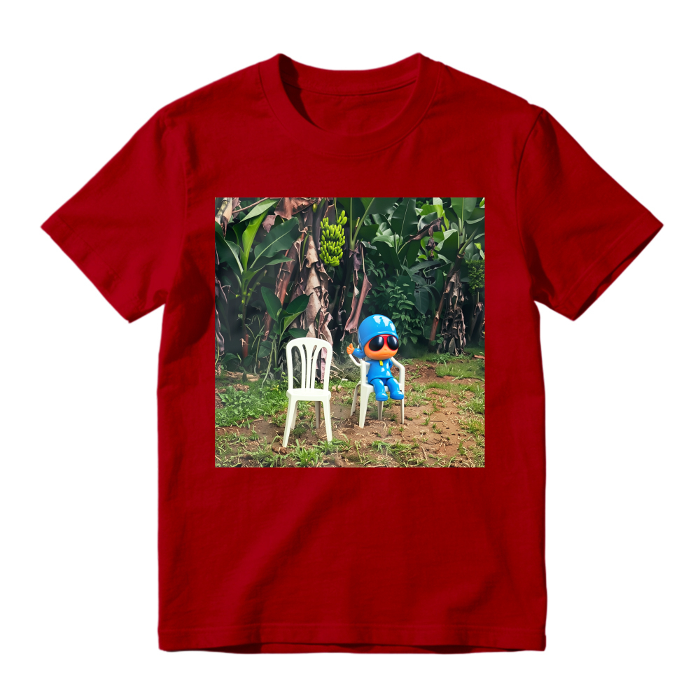 Blue Cartoon Character Sitting On White Chair In Tropical Jungle Unisex Classic T Shirt