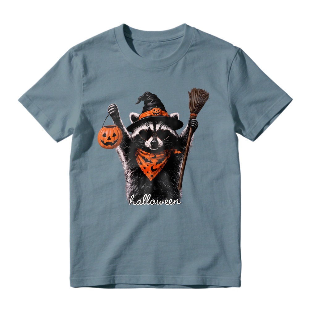 Cute Raccoon In Witch Hat Holding Pumpkin Lantern And Broom Halloween Unisex Classic T-shirt