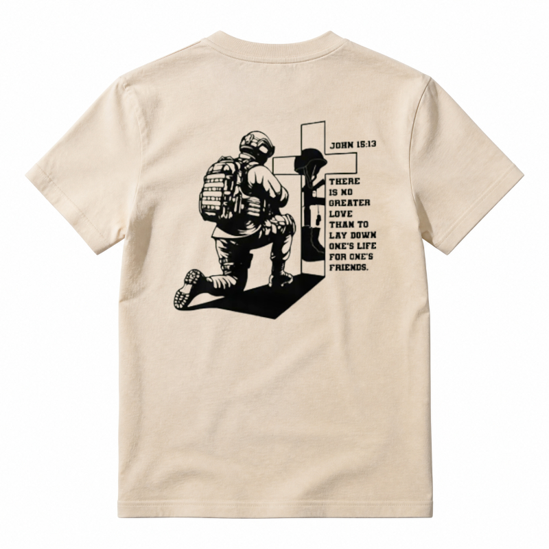 Soldier Kneeling At Cross With Bible Verse John 15:13 Unisex Classic T-shirt