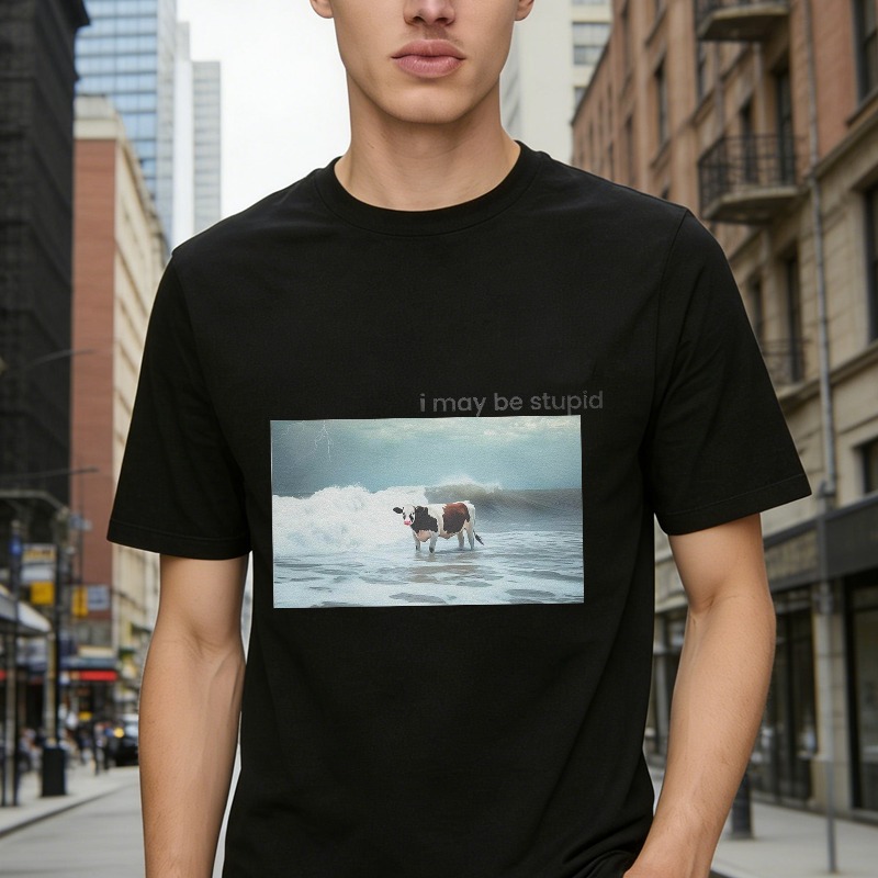 Cow Standing In Ocean Waves With I May Be Stupid Text Graphic T-shirt