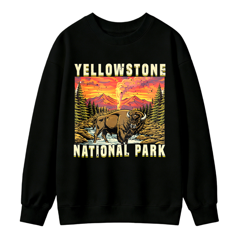 Yellowstone National Park Bison Mountain Sunset Graphic Sweatshirt