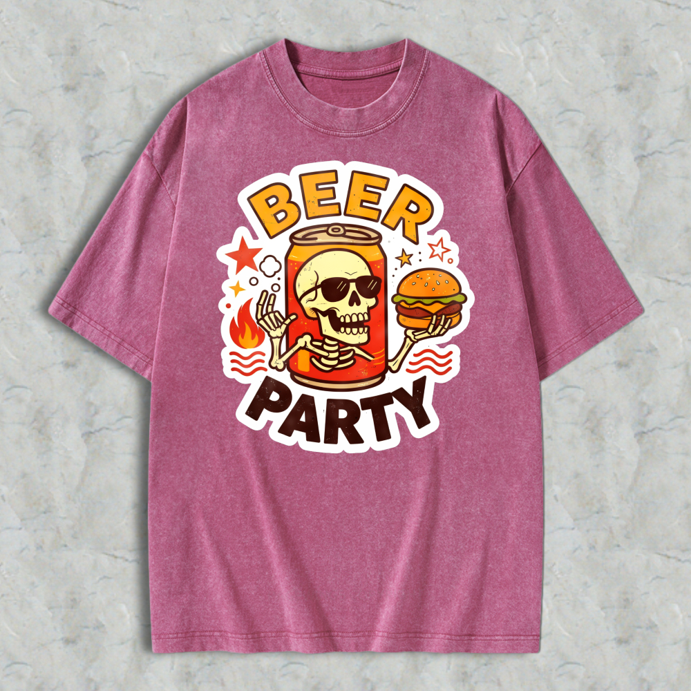 Beer Party Skull And Burger Graphic Washed T-shirt