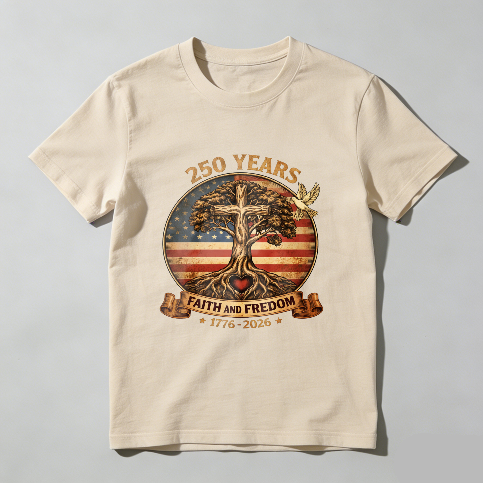 250 Years Faith And Freedom American Flag Tree Eagle 1776 2026 Independence Day T Shirt
