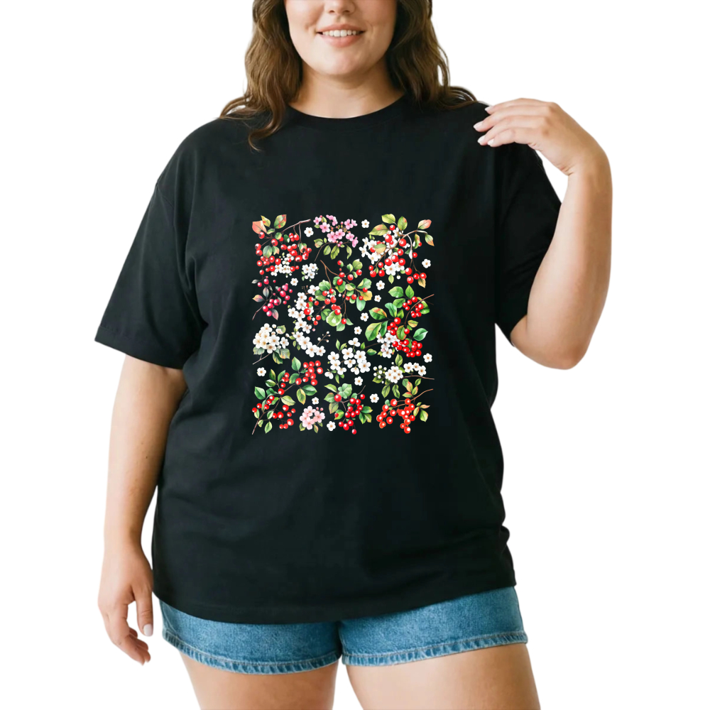 Floral Pattern With Red And White Flowers tshirt 100% cotton