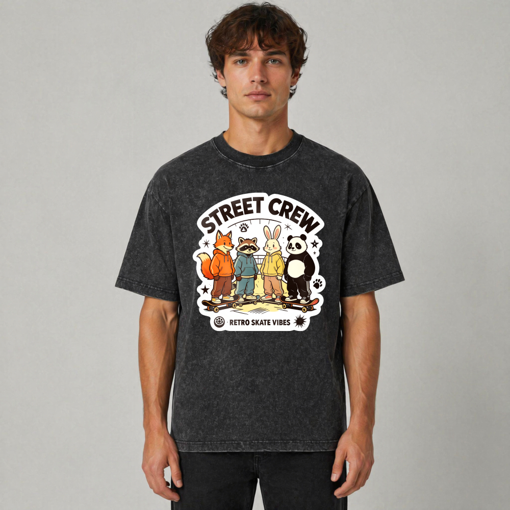 Street Crew Retro Skate Vibes Cartoon Animals Graphic Washed T-shirt