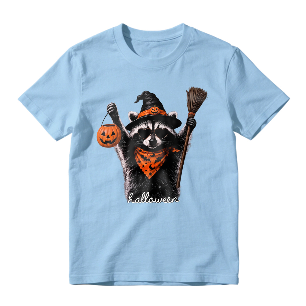Cute Raccoon In Witch Hat Holding Pumpkin Lantern And Broom Halloween Unisex Classic T-shirt