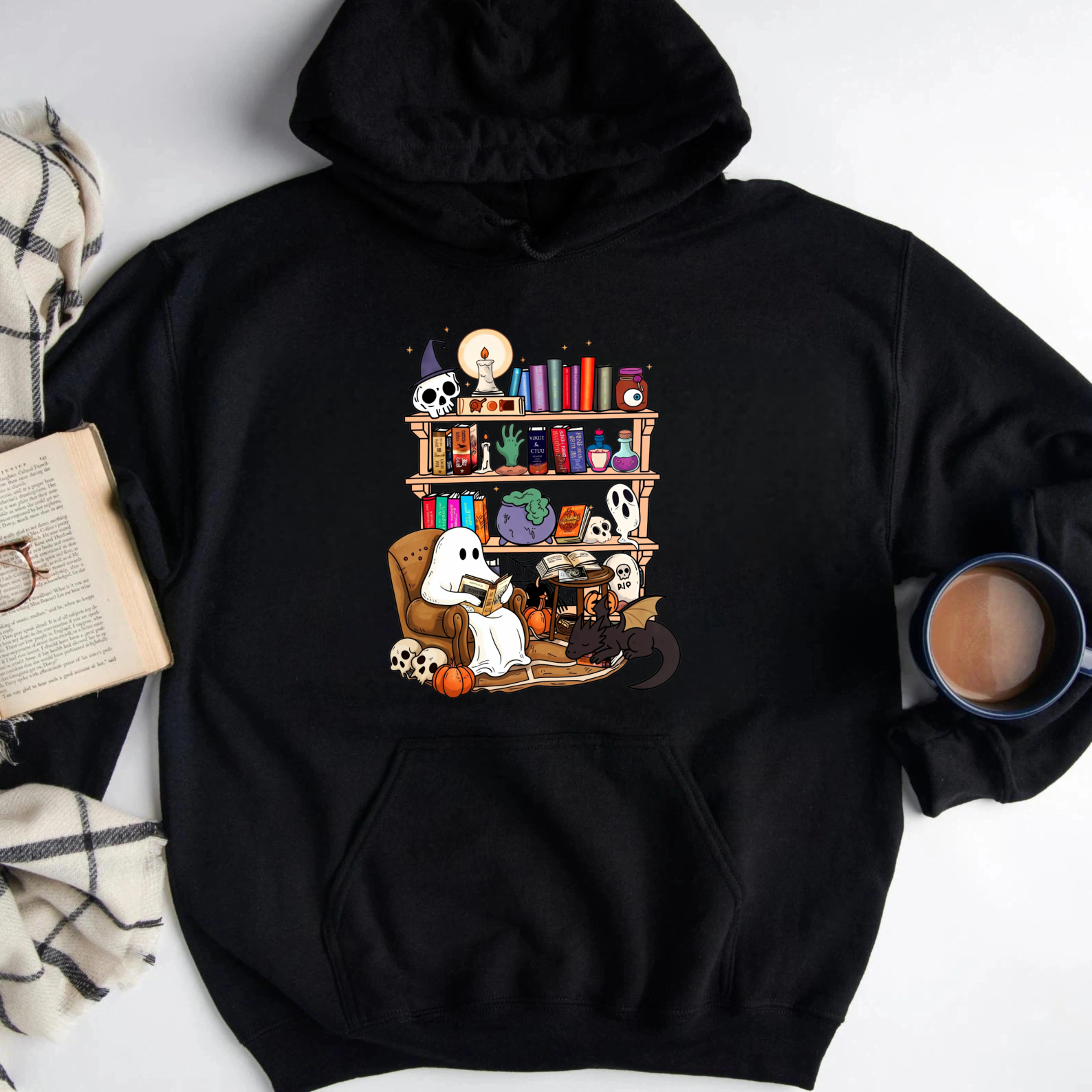 Halloween Ghost Reading Books On Bookshelf With Skulls And Pumpkins Sweatshirt
