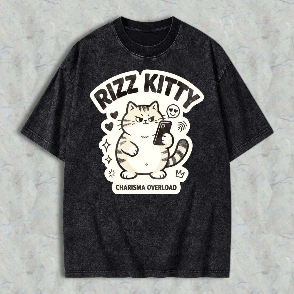 Rizz Kitty Charisma Overload Cartoon Cat Graphic Washed T-shirt