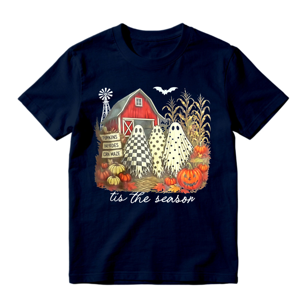 Halloween Farm Scene With Ghosts Pumpkins And Red Barn Tis The Season Unisex Classic T-shirt