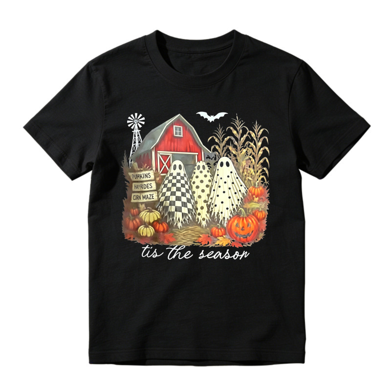 Halloween Farm Scene With Ghosts Pumpkins And Red Barn Tis The Season Unisex Classic T-shirt