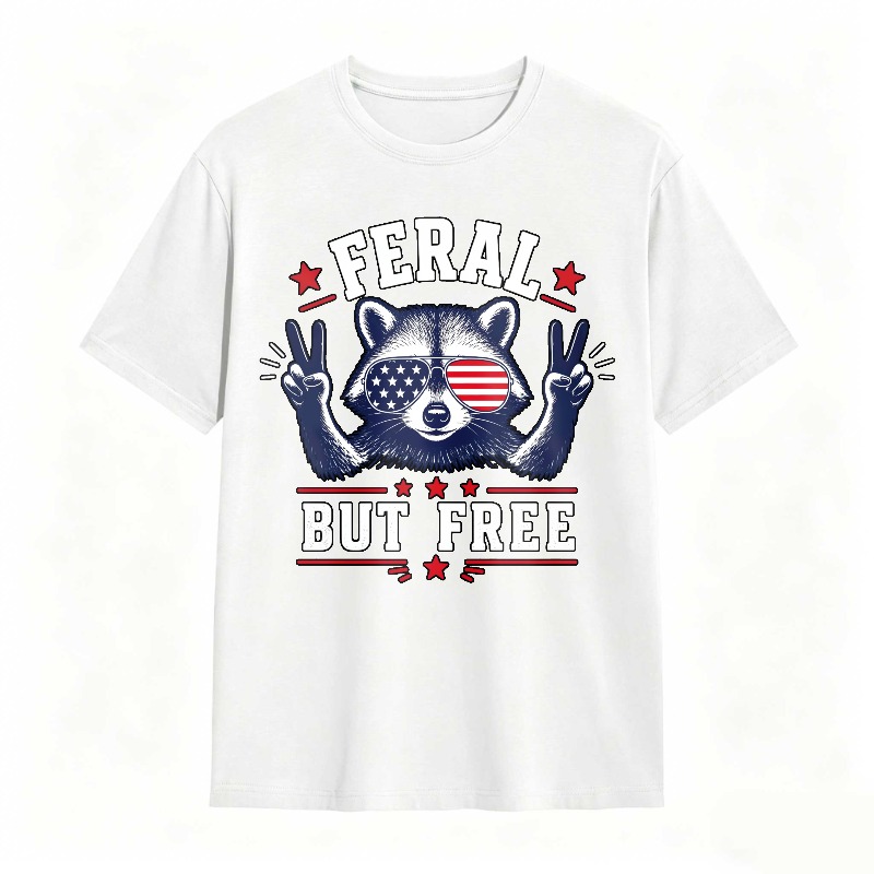 Feral But Free Raccoon American Flag 100% Cotton Graphic T-shirt