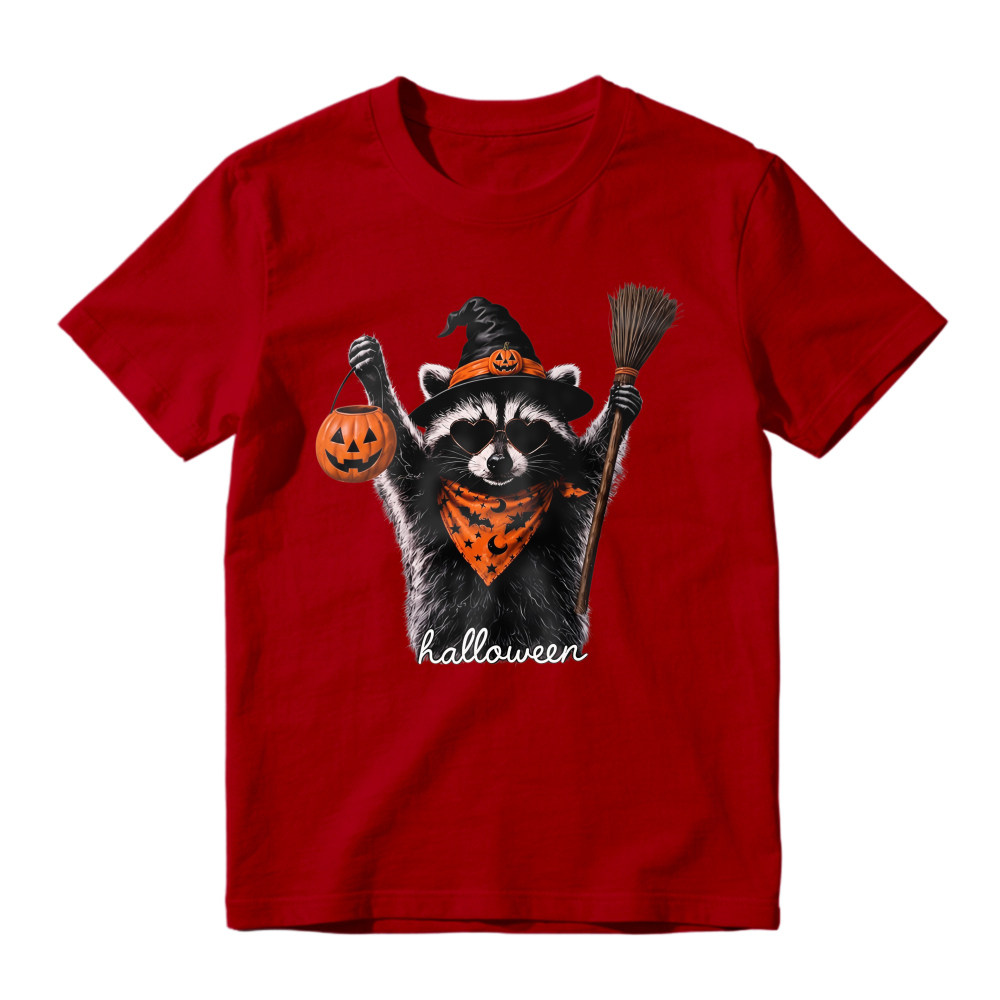 Cute Raccoon In Witch Hat Holding Pumpkin Lantern And Broom Halloween Unisex Classic T-shirt