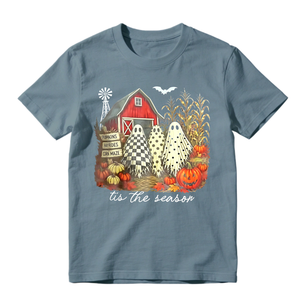 Halloween Farm Scene With Ghosts Pumpkins And Red Barn Tis The Season Unisex Classic T-shirt