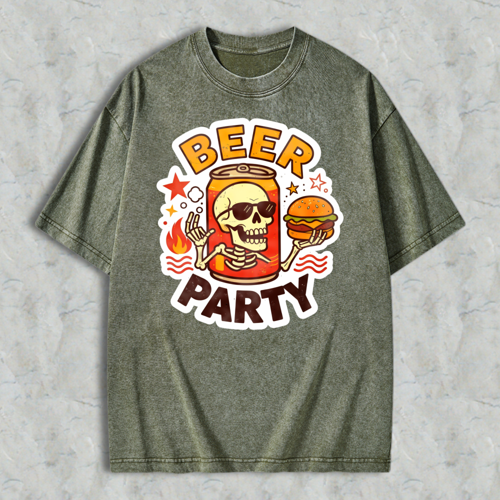 Beer Party Skull And Burger Graphic Washed T-shirt