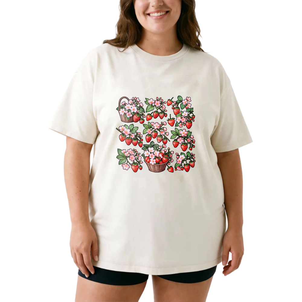 Strawberries Flowers Baskets Spring Design Pattern Print Art tshirt 100% cotton
