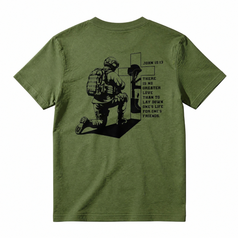 Soldier Kneeling At Cross With Bible Verse John 15:13 Unisex Classic T-shirt