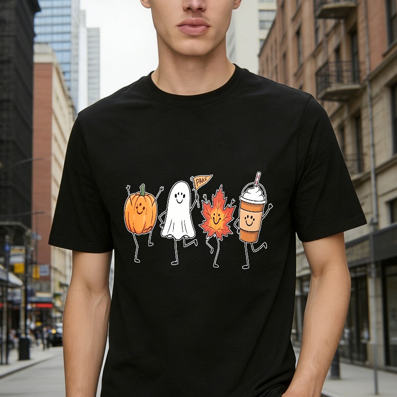 Cute Halloween Pumpkin Ghost Maple Leaf And Coffee Cup Dancing Characters Unisex Classic T-shirt