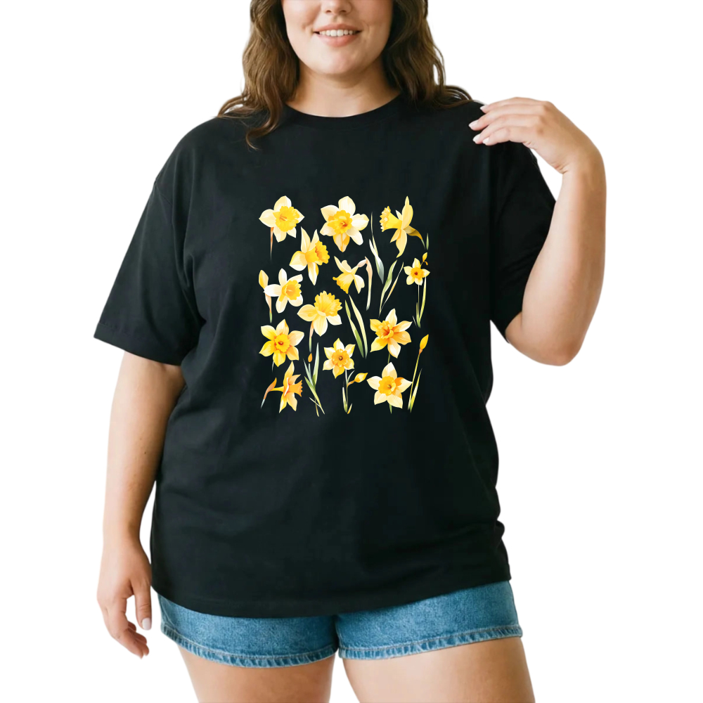 Yellow Daffodils Floral Pattern Print tshirt 100% cotton