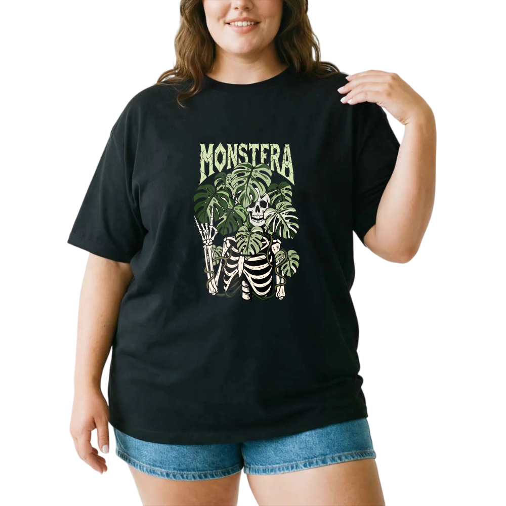 Skeleton Holding Monstera Leaves tshirt 100% cotton
