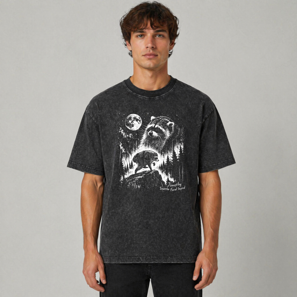 Raccoon Under Moonlight Forest Scene Washed T-shirt