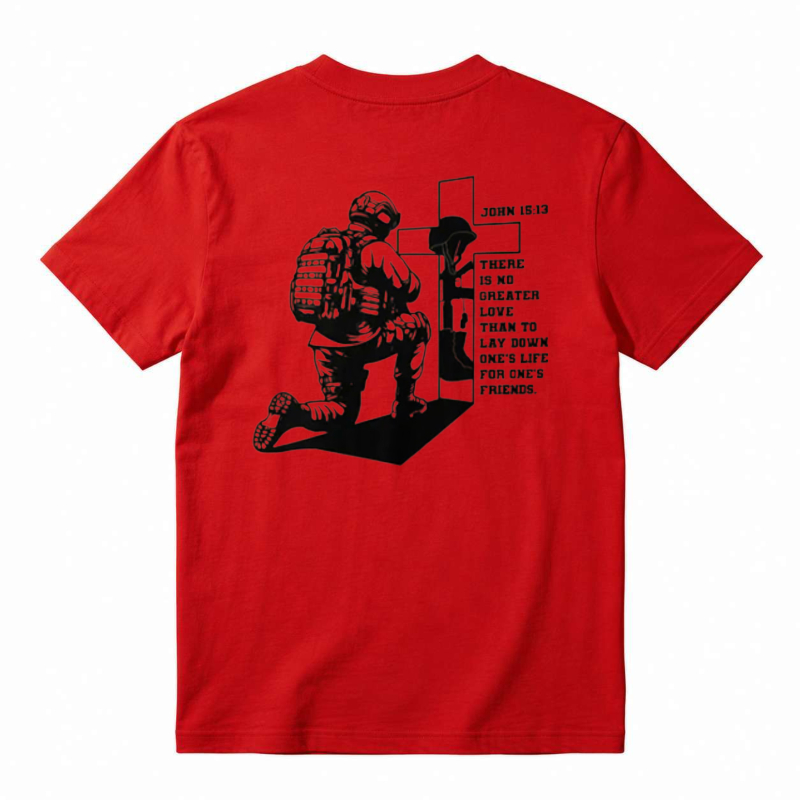 Soldier Kneeling At Cross With Bible Verse John 15:13 Unisex Classic T-shirt