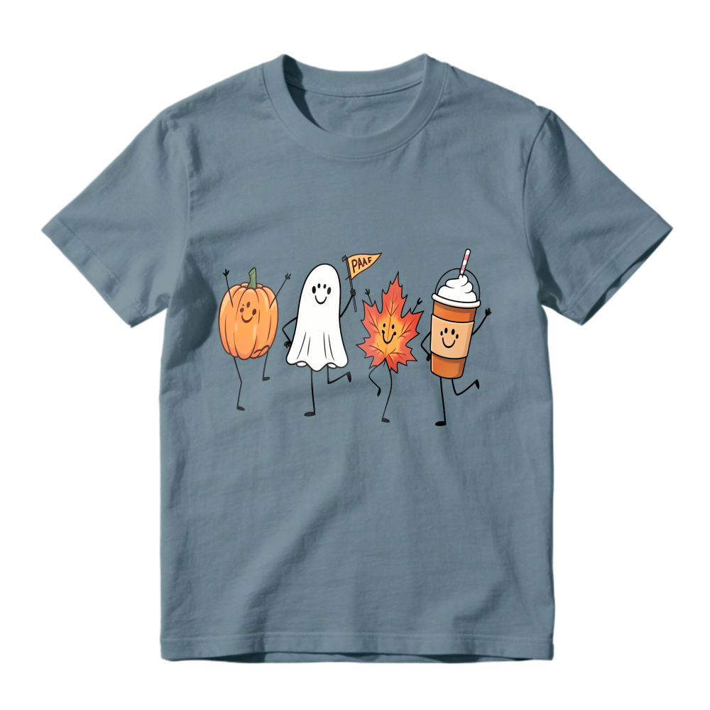 Cute Halloween Pumpkin Ghost Maple Leaf And Coffee Cup Dancing Characters Unisex Classic T-shirt