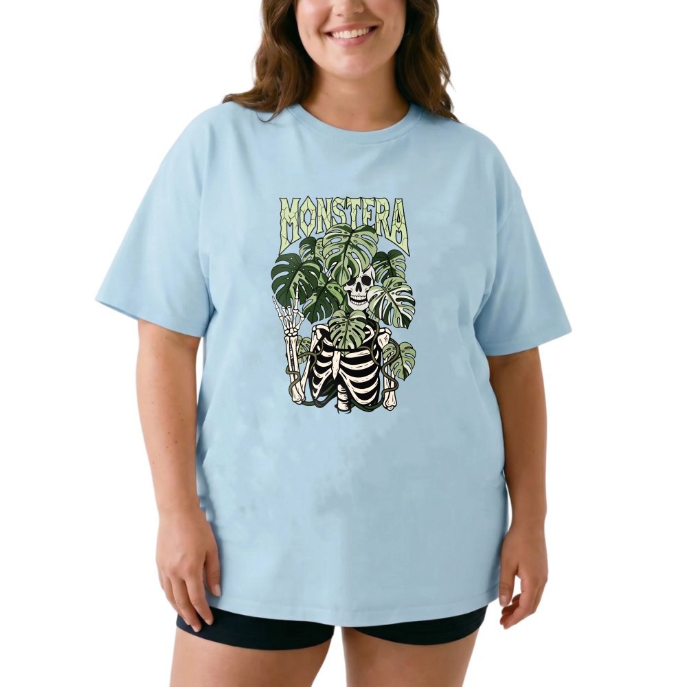 Skeleton Holding Monstera Leaves tshirt 100% cotton