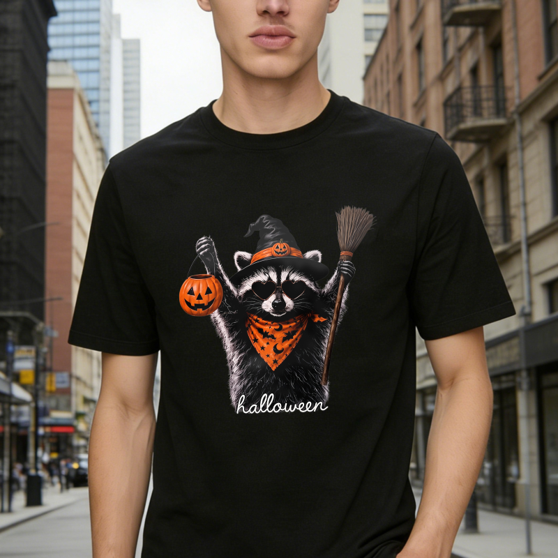 Cute Raccoon In Witch Hat Holding Pumpkin Lantern And Broom Halloween Unisex Classic T-shirt