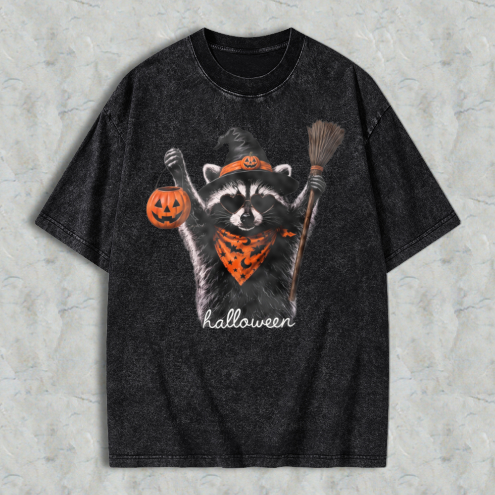 Cute Raccoon Witch Holding Pumpkin Lantern And Broom Halloween Washed T-shirt