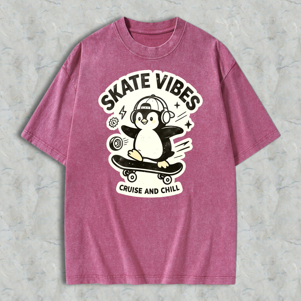 Skate Vibes Penguin On Skateboard Cruise And Chill Graphic Washed T-shirt