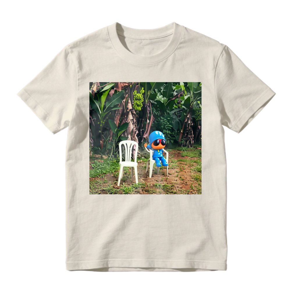 Blue Cartoon Character Sitting On White Chair In Tropical Jungle Unisex Classic T Shirt
