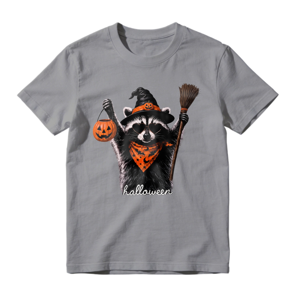 Cute Raccoon In Witch Hat Holding Pumpkin Lantern And Broom Halloween Unisex Classic T-shirt