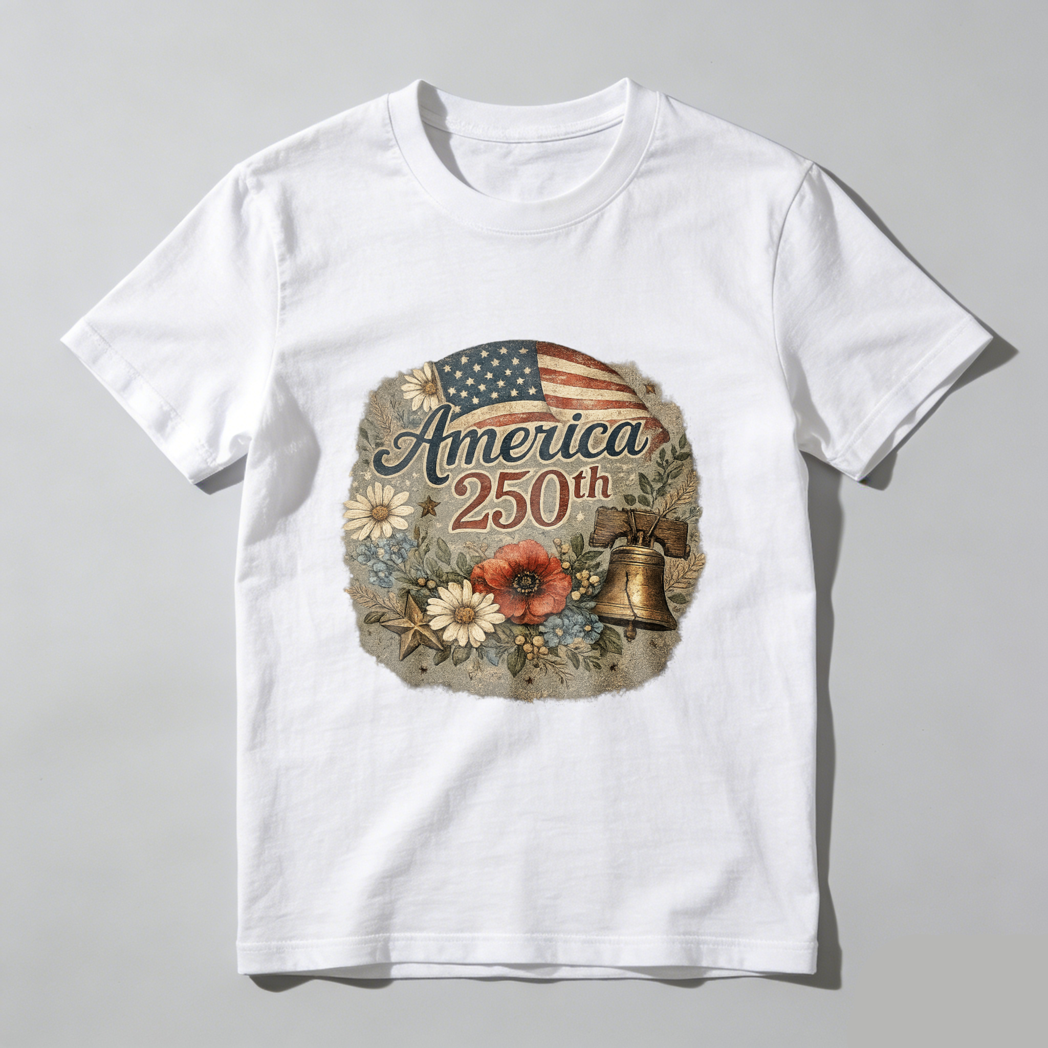 America 250th Anniversary Independence Day Patriotic T Shirt With American Flag Liberty Bell And Flowers Design