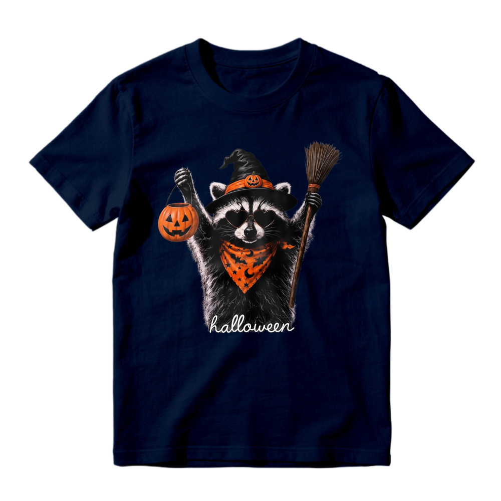 Cute Raccoon In Witch Hat Holding Pumpkin Lantern And Broom Halloween Unisex Classic T-shirt
