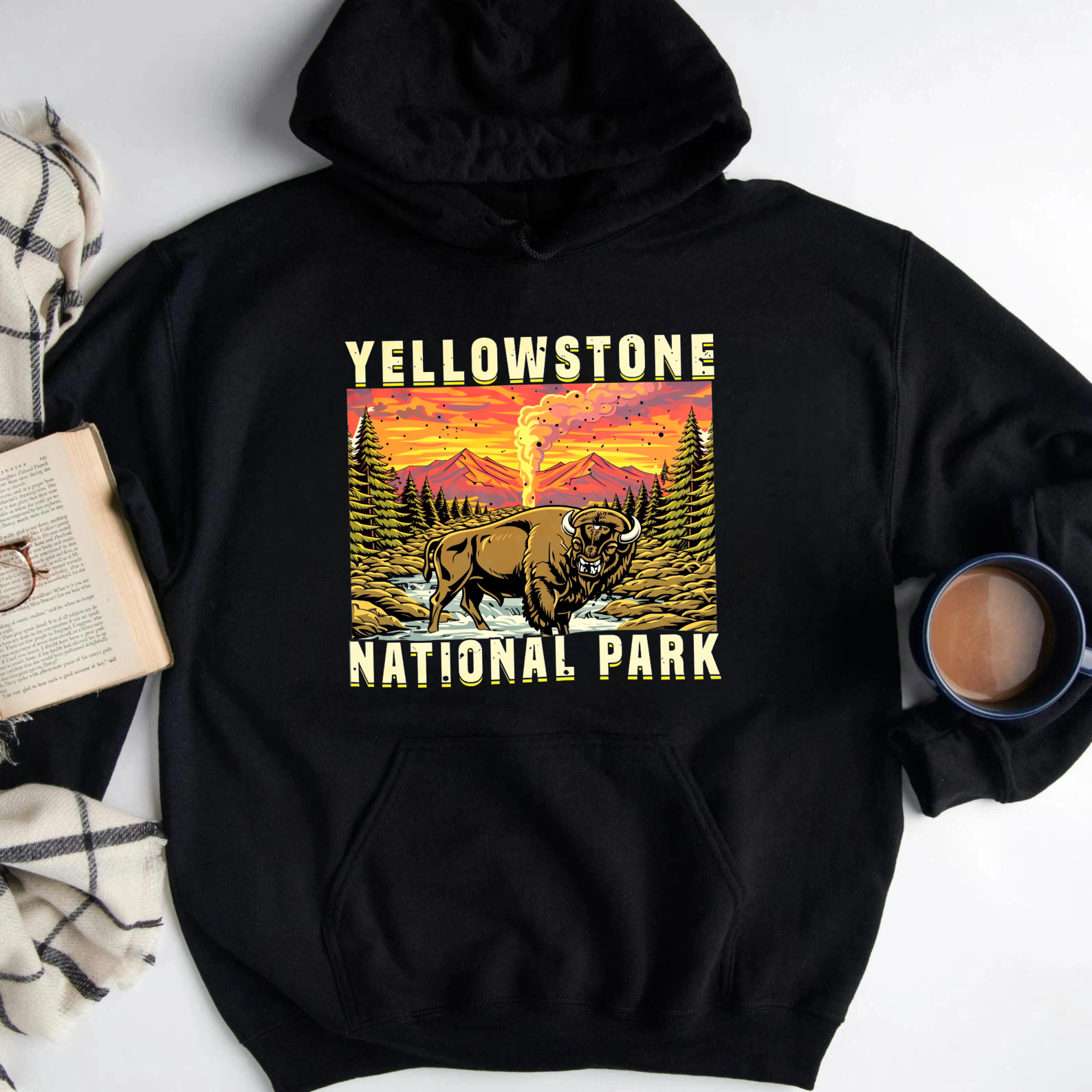 Yellowstone National Park Bison Sunset Landscape Graphic Sweatshirt