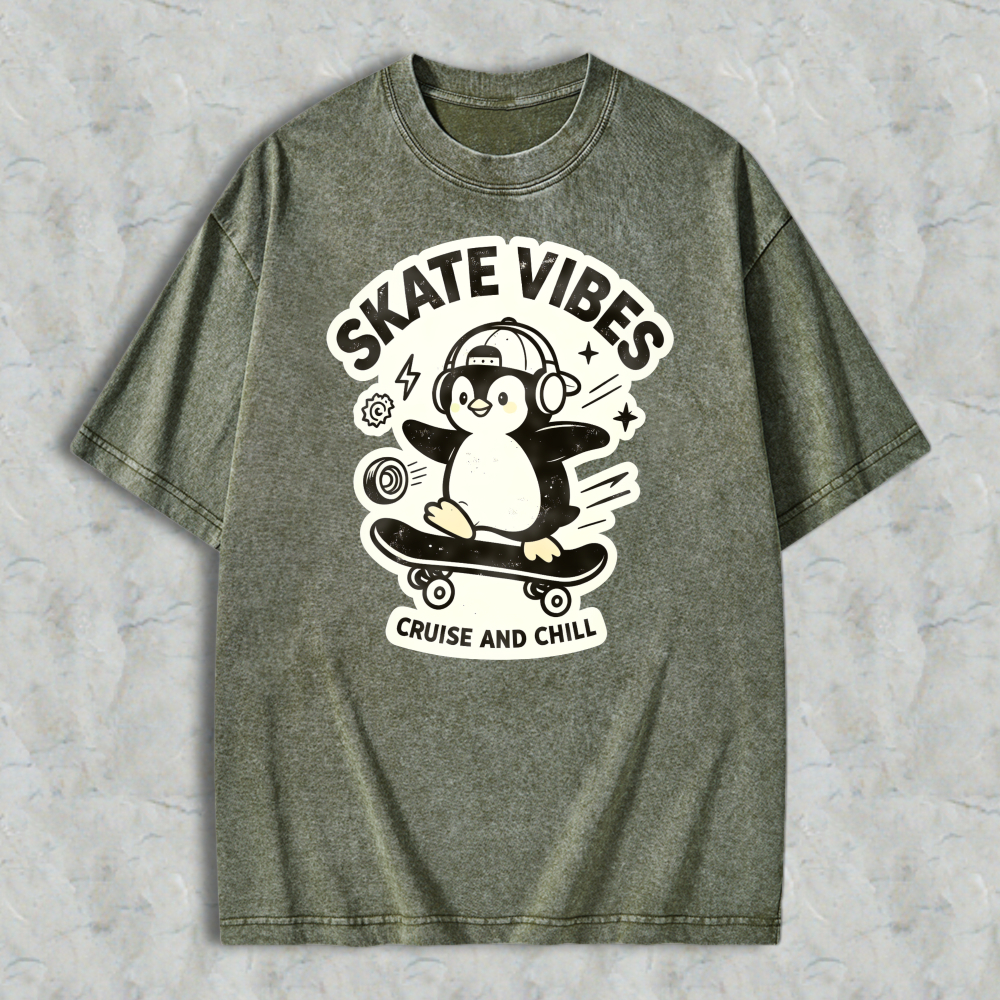 Skate Vibes Penguin On Skateboard Cruise And Chill Graphic Washed T-shirt