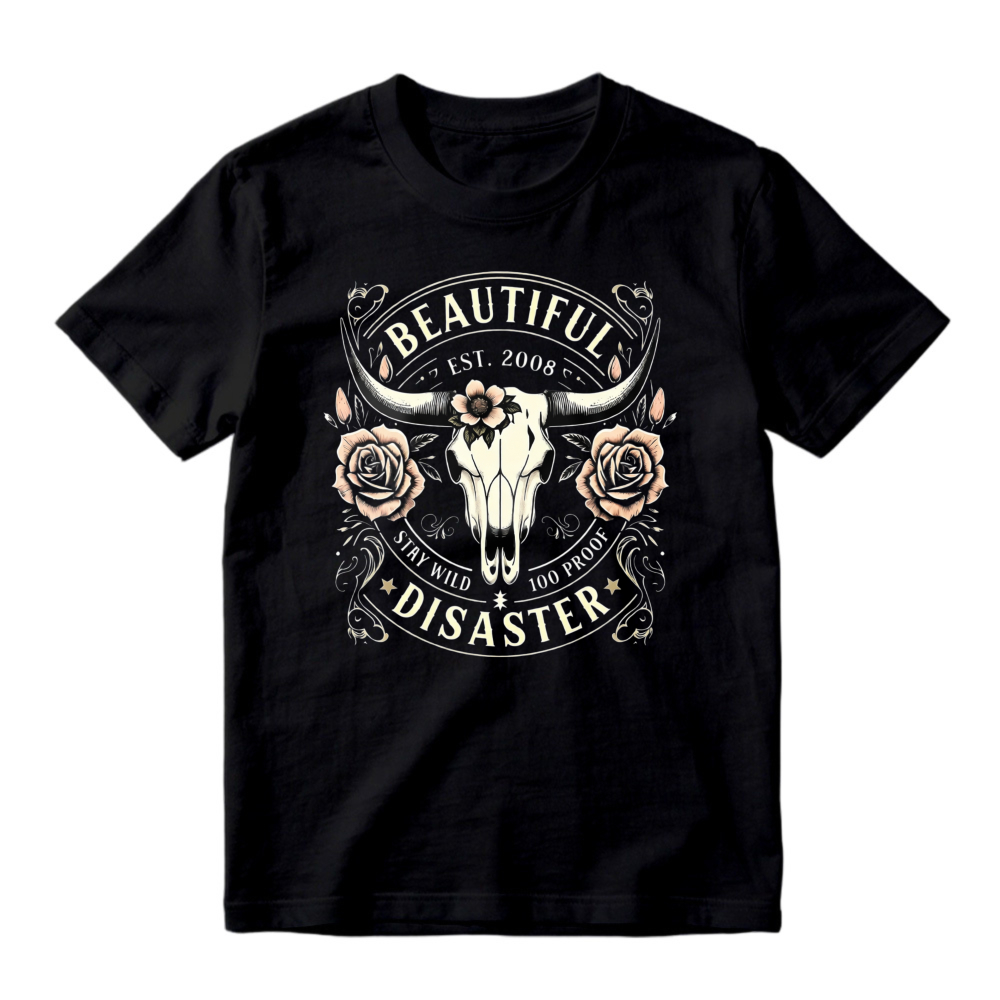 Beautiful Disaster Bull Skull And Roses T-shirt