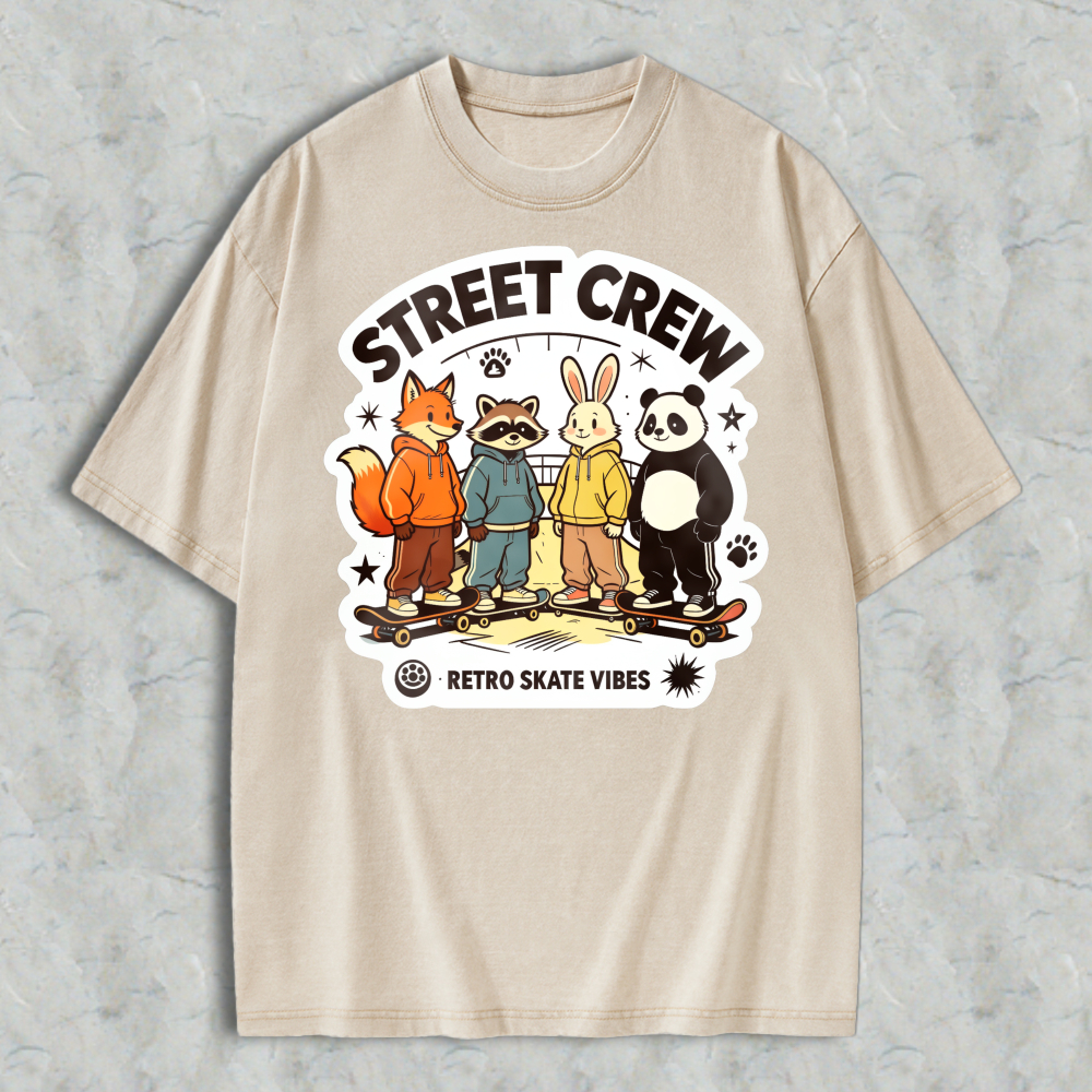 Street Crew Retro Skate Vibes Cartoon Animals Graphic Washed T-shirt