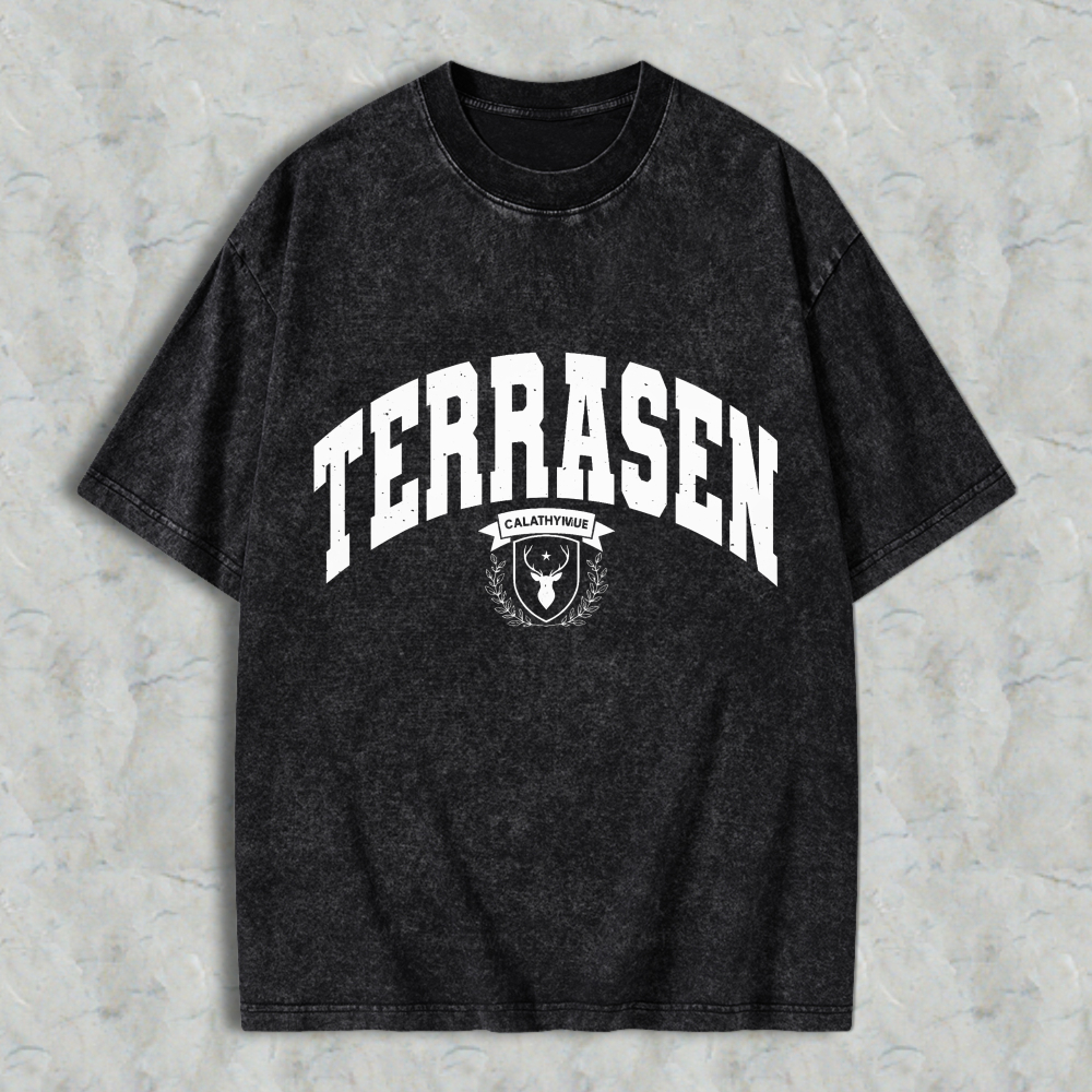 Terrasen Calathymnis Crest Arch Lettering Graphic Unisex Washed T-shirt