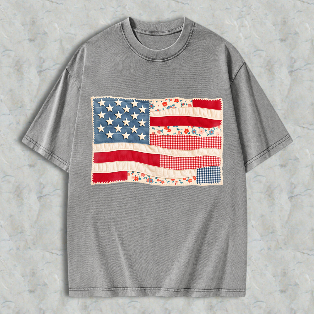 American Flag Patchwork Design Unisex Washed T-shirt