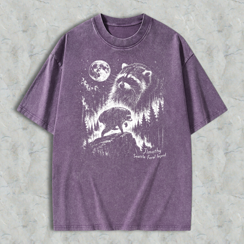 Raccoon Under Moonlight Forest Scene Washed T-shirt